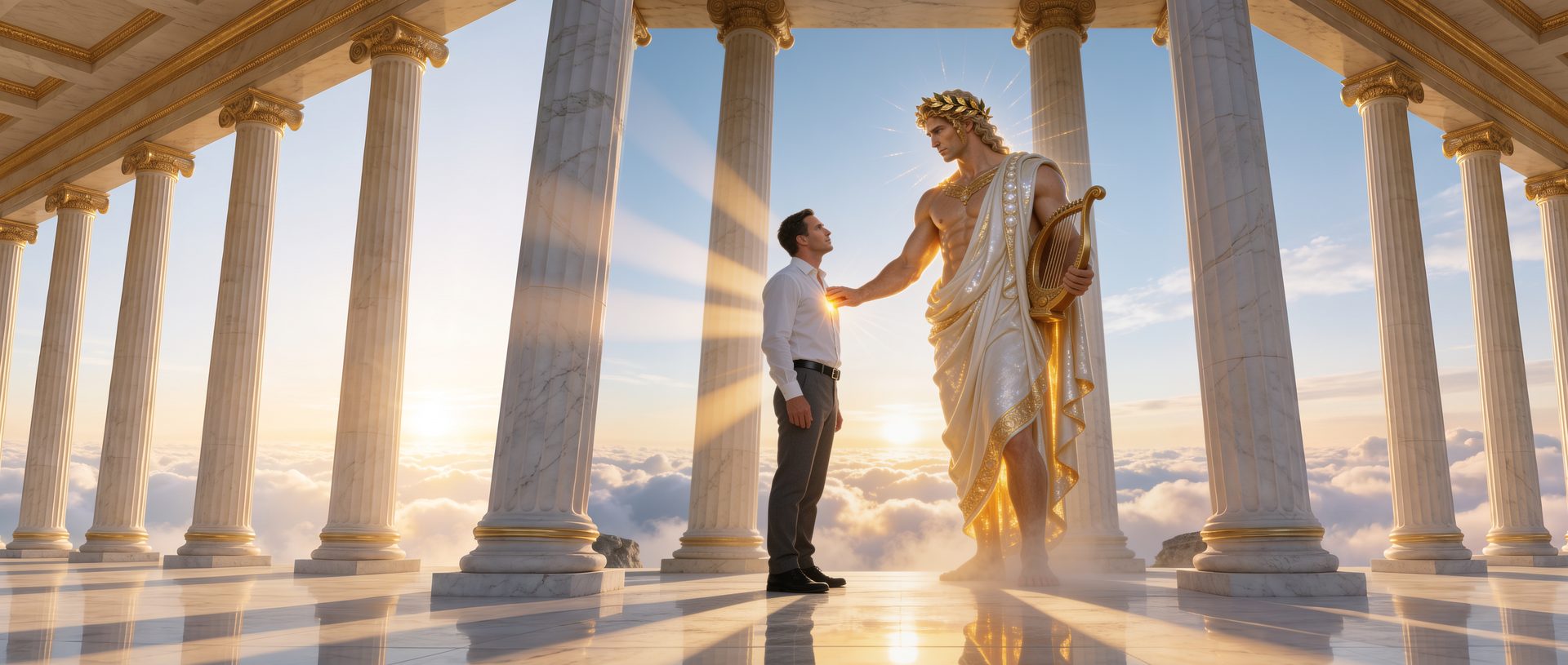 El dios Apolo apoya la mano en el pecho de un discípulo, en el pórtico de columnas de su templo de Delfos, al amanecer y sobre un mar de nubes.